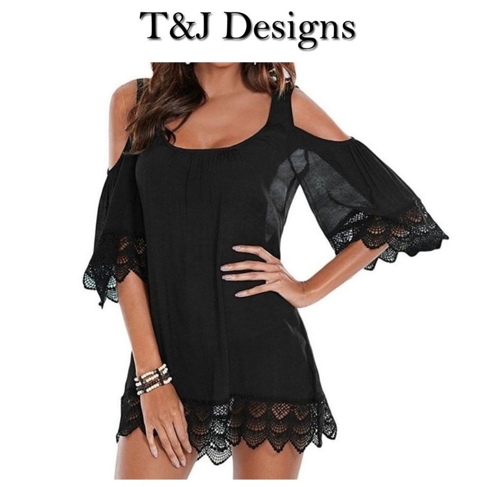 Swim Suit Black Lace Crochet Cold Shoulder Beach Cover up NWT